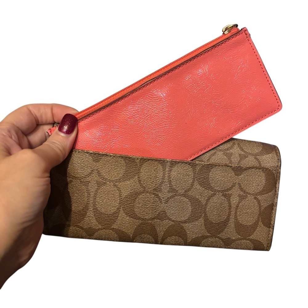 COACH Peyton Signature Slim Envelope Wallet Khaki Tan Coral Pink Canvas Leather - Picture 3 of 16